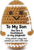 Belatelove Mini Funny Son Gifts from Dad Mom, Handmade Crochet Football with Inspirational Card, Fathers Day Birthday Gift for Son, Unique Football Doll for Desk Decor