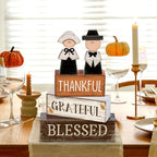 Lineshading 4 Pcs Fall Table Decoration Wooden Pilgrim Couple Decor Thanksgiving Tiered Tray Decor Fall Centerpiece Rustic Decorative Pilgrim Block Signs Gift Farmhouse for Home Kitchen Shelf
