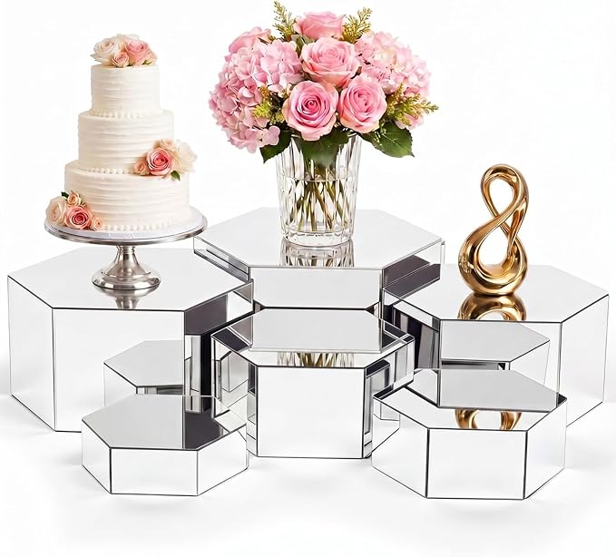 Geelin 6 Pack Acrylic Risers for Display Acrylic Cube Boxes Risers Display Stands with Hollow Bottoms Decorative Stand for Jewelry Candy Table Decor 6 Sizes (Sliver,7 to 12 Inch,Hexagonal)