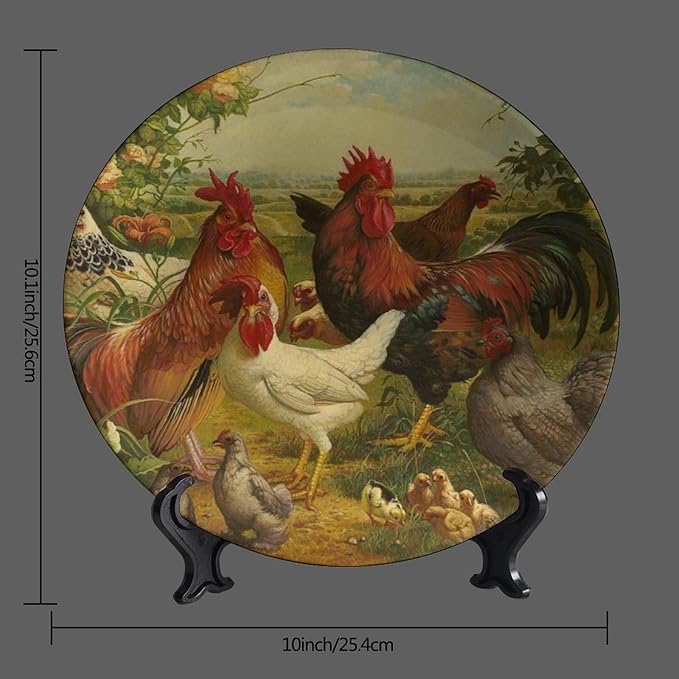 Rooster Decorative Ceramic Plates, 10 Inch, Rooster Hen Chick White Chicken Gathering Round Display Plate, Decorative Plates with Stand, for Home Kitchen Bedroom Decorative Ornaments