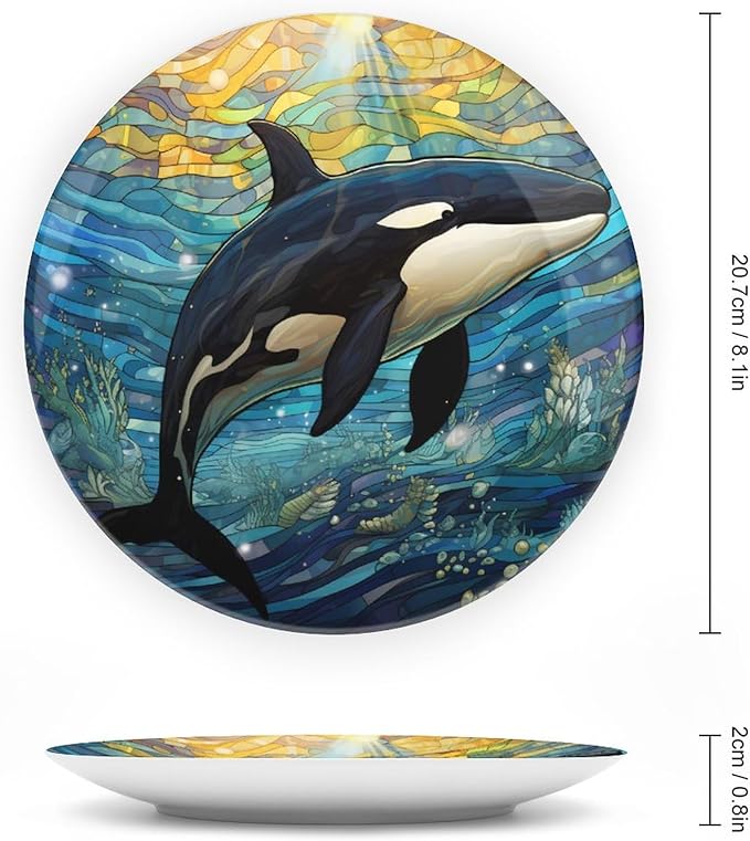 Decorative Plates for Wall Hanging, Underwater Whale Stained Glass Painting Ceramic Plate w/Display Stand, Home Decor for Kitchen Cabinets, Farmhouse Round Tray 8 Inch, Gift for Whale Lover