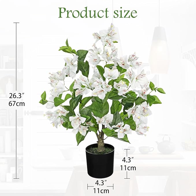 26.3” Large Fake Plants Artificial Flowers White Bougainvillea Artificial Plants Trees Indoor Pots, Faux Plants Perfect for Home Decor, Living Room Table Decor, Bedroom Shelf Decor, Dining Room Decor