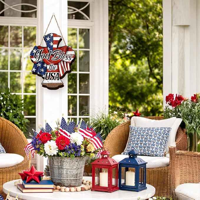 Wooden 4th of July Decorations Patriotic Cross Wreath Independence Day Decorations Front Door with god Bless America Sign Welcome Memorial Day Hanging for Home Wall Decor Outdoor Indoor