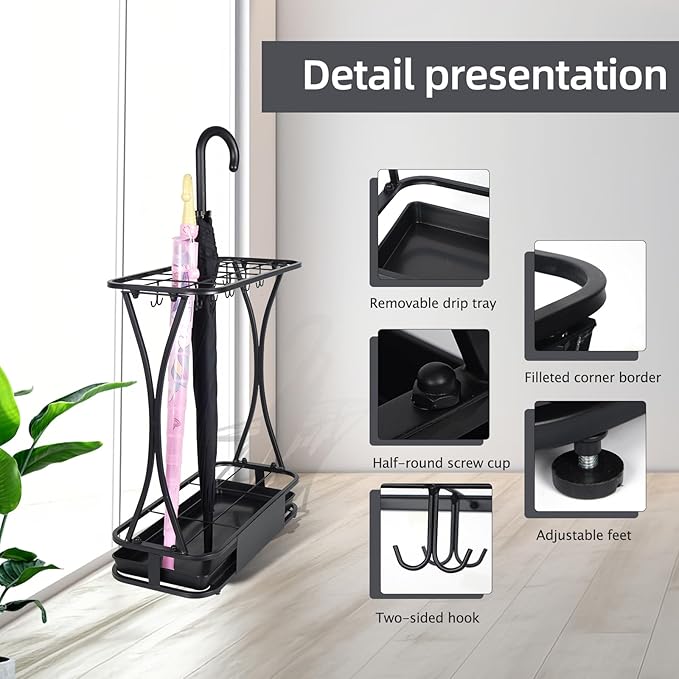 18 Slot Umbrella Stand with 10 Hooks – Heavy Duty Metal Indoor Umbrella Rack Holder with Removable Drip Tray – Large Commercial Entryway Organizer for Office, Lobby or Home