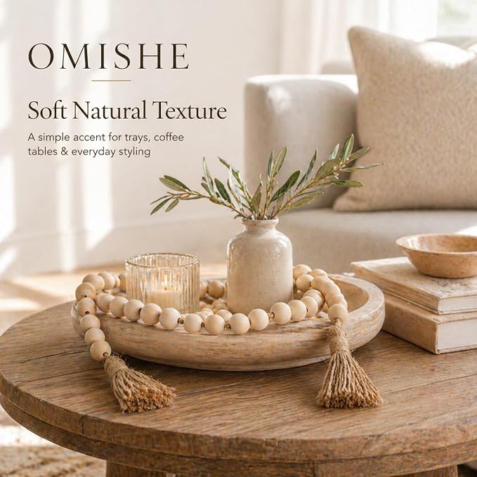 OMISHE 76" Long Extra Large Wood Bead Garland with 1.6" Diameter Wooden Beads and Tassels, Rustic Farmhouse Country Decorative Beads for Home Tiered Tray Decor, Natural Beige