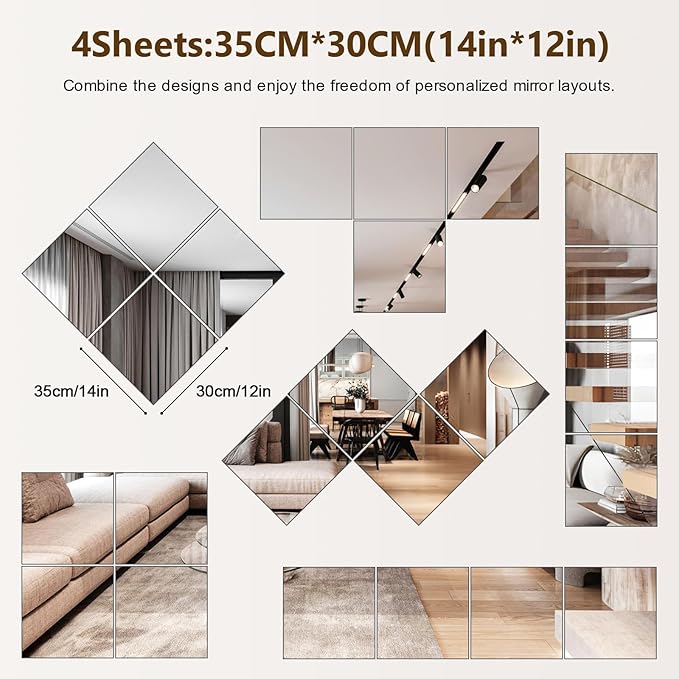 Shiftshade Mirror Wall Full Length,12X14 Inch Unbreakable Mirror Tiles for Bedroom Home Gym Door, Acrylic Mirror Full Body Shatterproof Mirror Stickers for Walls,Mirror Sheets (4pcs)