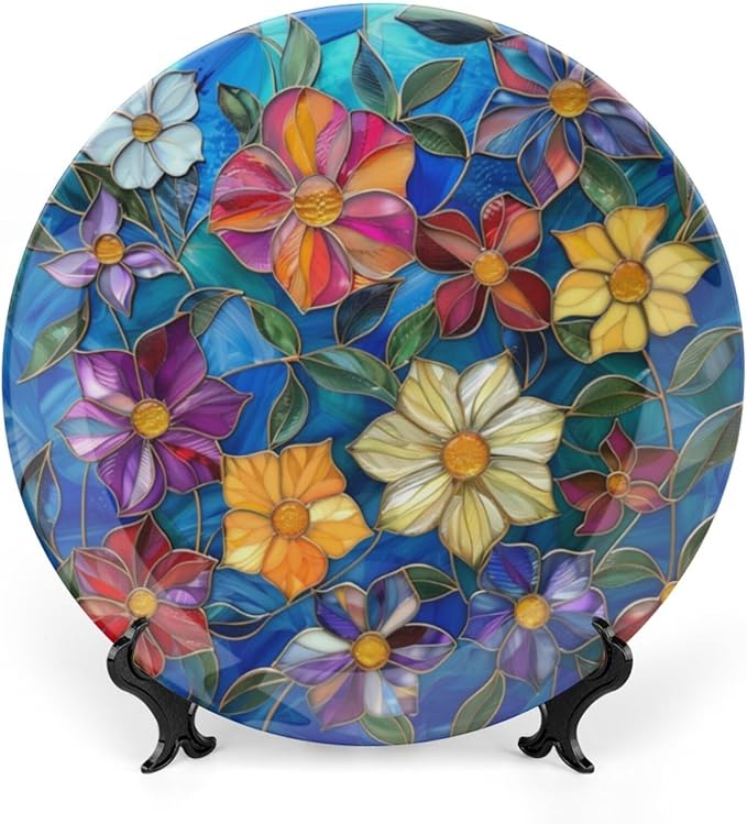 Stained Glass Theme Decorative Ceramic Plate Round Porcelain Plate,6 inch,Colorful Flowers Pattern,for Decorative Ornaments Giving Plates, 1 Plate with 1 Display Stand,Multicolor