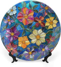 Stained Glass Theme Decorative Ceramic Plate Round Porcelain Plate,6 inch,Colorful Flowers Pattern,for Decorative Ornaments Giving Plates, 1 Plate with 1 Display Stand,Multicolor