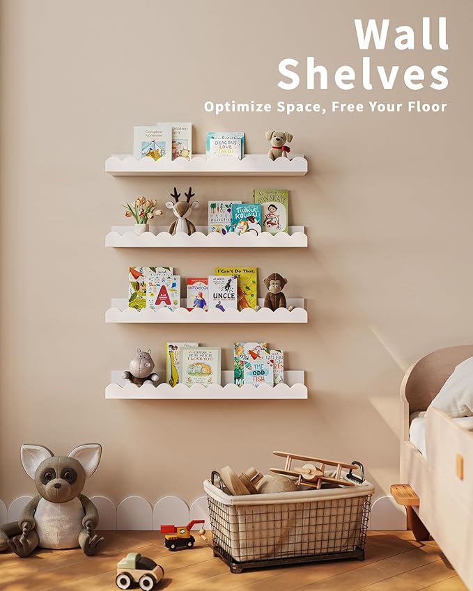 Shario Nursery Book Shelves, 4-Pack White Floating Shelves for Wall Kids, Scalloped Shelves, Wall Book Shelves for Bedroom Kids, Toddler Room, Baby Room, Nursery Decor