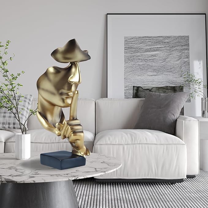 aboxoo Thinker Statue, Silence is Gold Abstract Art Figurine, Modern Home Resin Sculptures Decorative Objects Shelf Decor,Tabletop for Home Decor,Man Office Study Desk Statue (Large Gold)