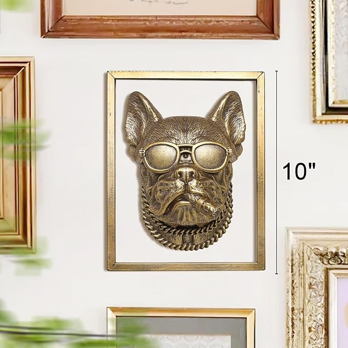 Newinhome Animal Heads Wall Decor (Includes Metal Frame) Resin Animals Sculptures Head Wall Hanging Decoration Gold vintage Wall Sculpture for Living Room Bedroom Office(Bulldog)