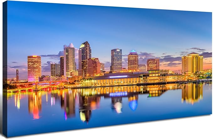 AIYISU Florida Wall Art Tampa Downtown Skyline Canvas Picture USA City Landscape Wall Decor, Modern Cityscape Painting Night River Prints Poster Artwork for Living Room Bedroom Home Decoration 24x48