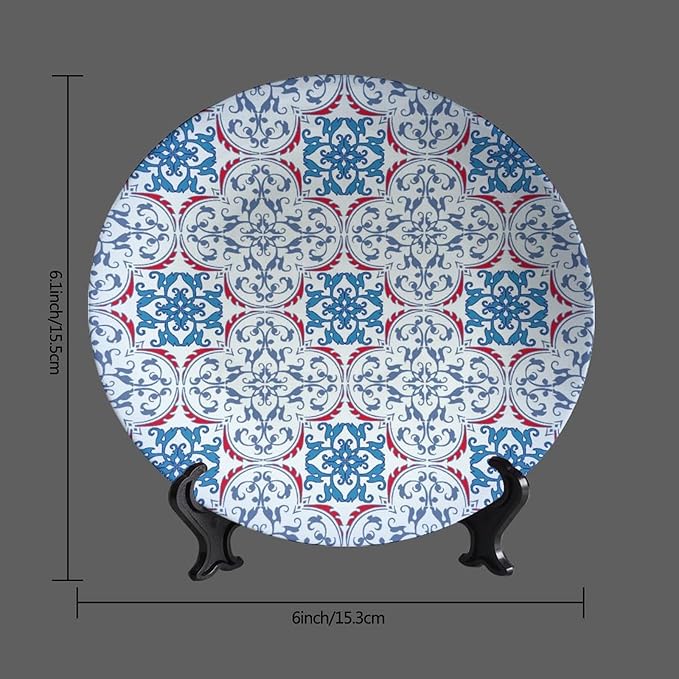 Turkish Decorative Plate Stand, 10 Inch, Blue Red Flowers Round Display Plate, Handmade Ceramic Ornament, for Kitchen Living Room Office Countertop Decor