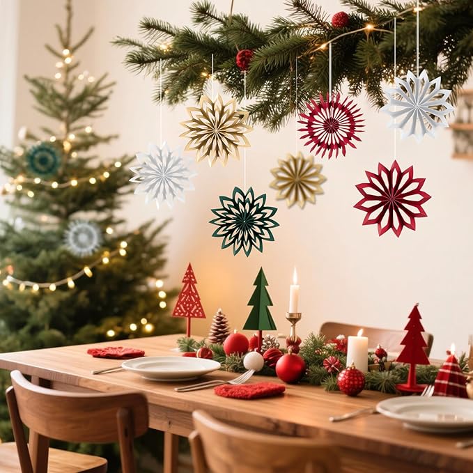 SUNBEAUTY 9PCS Christmas Hanging Decorations, Boho Christmas Decor Hanging Paper Snowflakes Mini Christmas Tree Ornaments for Xmas Tree Window Ceiling Door(Red White Green Brown)