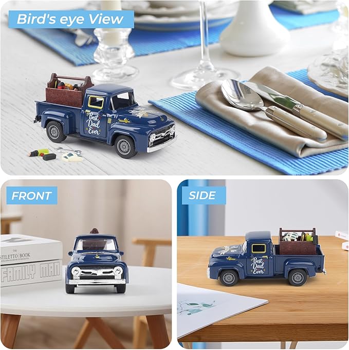 Fathers Day Truck Decor, Best Dad Ever Pickup Truck Tabletop Decoration with Toolbox, Rustic Farmhouse Tiered Tray Decor, Fathers Day Gift for Dad Home Office Desk