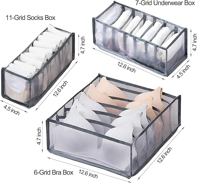 3 Set Underwear Organizer, Foldable Bra Underwear Drawer Organizer Divider Bins for Underwear, Socks, Ties, Bras, Underwear Storage Compartment Box (Gray)