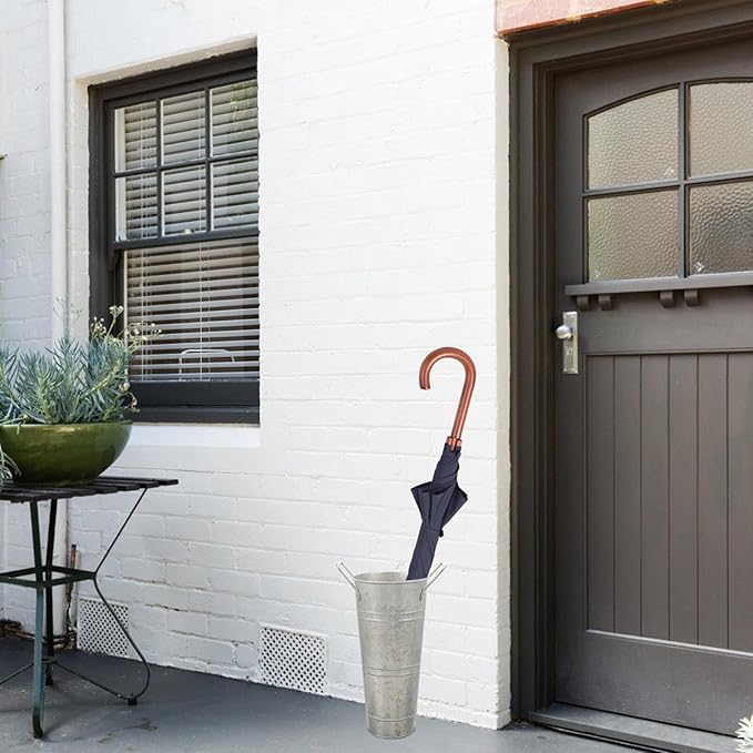 Umbrella Stand Holder Metal Umbrella Bucket Freestanding Umbrella Rack Barrel Canes Walking Sticks Clubs Organizer Rustic Floral Bucket Floor Vase for Entryway Porch Indoor (White)