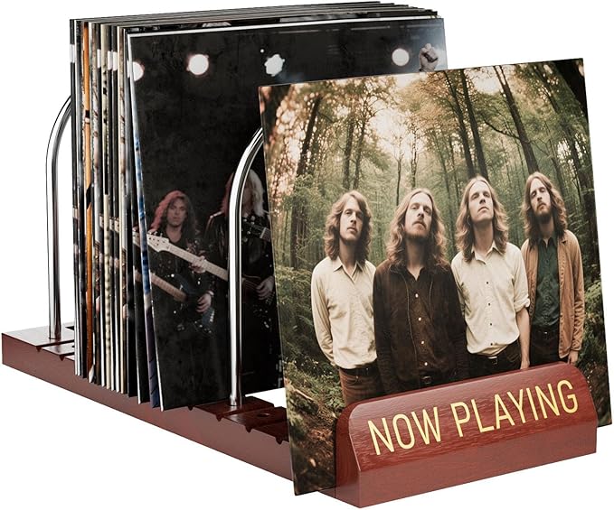 Bulado Now Playing Vinyl Record Holder, Wooden Vinyl Record Storage with Front Display Groove, Album Storage Stand Organizer for 50 LPs, Easy to Assemble, Magazine Holder Rack for Gift