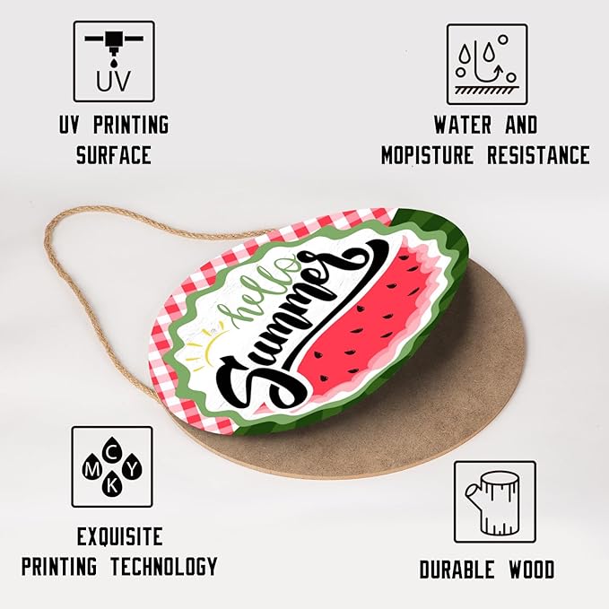 Hello Summer Watermelon Door Sign Front Door Decor Summer Watermelon Door Hanger Sign Plaque Seasonal Farmhouse Wooden Wreath Indoor Wall Hanging Decoration for Indoor Outdoor Outside Porch 12 Inch