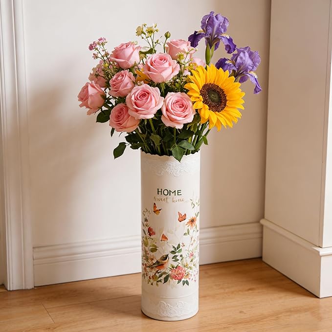 Vintage Metal Round Umbrella Holder Decorative Flower Design Umbrella Stands Entryway Organizer Bucket for Home/Office/Farmhouse - Holds Multiple Umbrellas, Walking Sticks & Canes Flower Pink