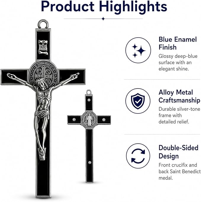 TALPGOD St Benedict Crucifix Silver Black 7.2 Inch,Crucifix Wall Cross for Catholic Decor,Jesus Christ Hanging Cross Wall Art Decor,Escapularios Catolicos,Saint Benedict Medal for Home Decoration