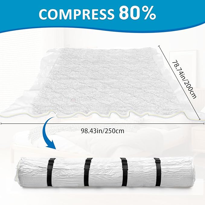 Mattress Vacuum Bag for Queen and Full Size, 78.7x98.4in Space Saver Mattress Vacuum Seal Bag with 4 Straps Dual-Zip Seal Mattress Compression Bag for Memory Foam Mattress Moving Transport Storage