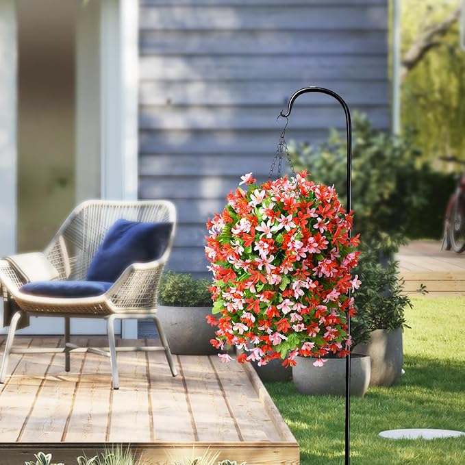 INQCMY Artificial Hanging Flowers Decoration, 4pcs Fake Floral Basket Plants for Outdoor Porch, Faux Shrubs Home Spring Decor UV Resistant Potted Violets for Outside Garden No Fade