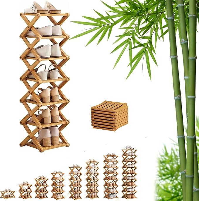 9 Tier Bamboo Shoe Rack, Foldable Shoe Rack, Shoe Rack, Ertical Shoe Organizer for Small Spaces, No Assembly Narrow Shoe Shelf for Entryway Closet Dorm (Yellow, 7 Layers)