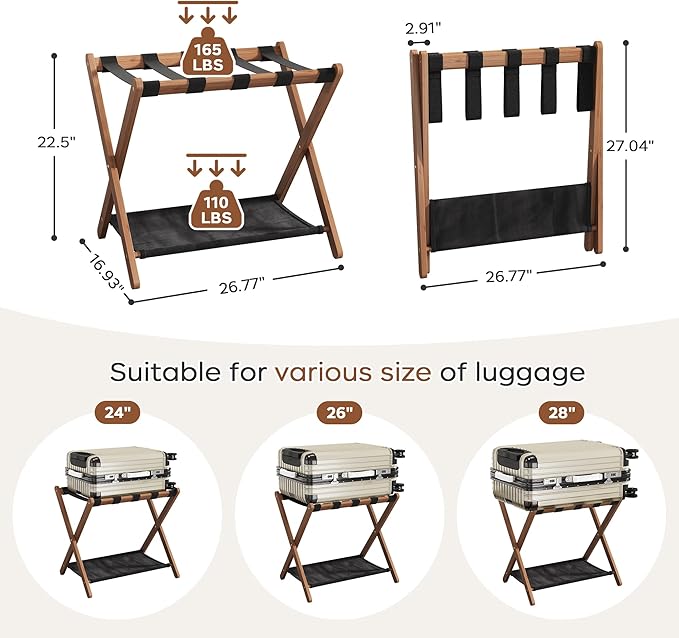 26.77" Full Assembled Luggage Rack for Guest Room, Set of 2 Bamboo Foldable Suitcase Stand, Bedroom & Hotel, Folding Luggage Holder with 5 Nylon Straps, 600D Oxford Fabric Shelf Walnut