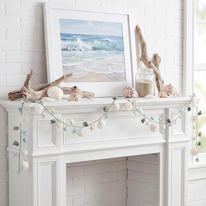 5.58 ft Coastal Decor Shell Garland Beach Mantel Swag Decor Seashell Starfish Centerpiece Garland Conch Beach Decorations for Table Wall Bedroom Home Dining Doorway Weddings