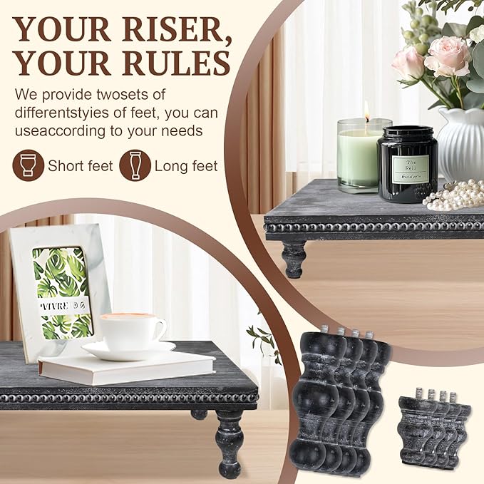 MAONAME Wood Display Risers Decorative Tray Set of 3, Farmhouse Pedestal Stand for Display Home Decor, Vintage Black Beaded Wooden Tray for Kitchen Counter, Short and Tall Footed