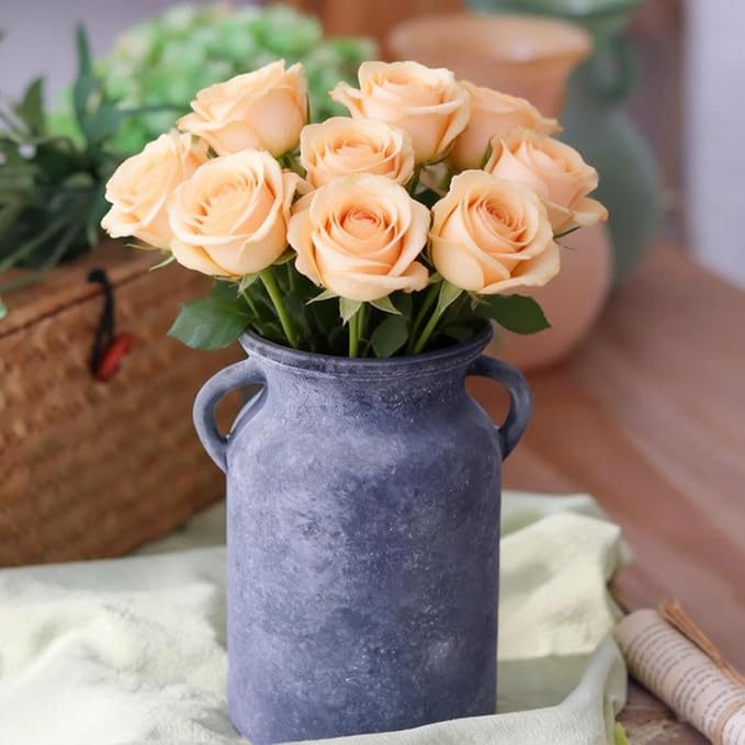 Black Glass Vase with Handles - Rustic Imitation Ceramic Flower Vase 8 Inches, Vintage Matte Black Centerpiece Decor for Modern Farmhouse, Industrial Home, Gothic & Minimalist Table Decorations