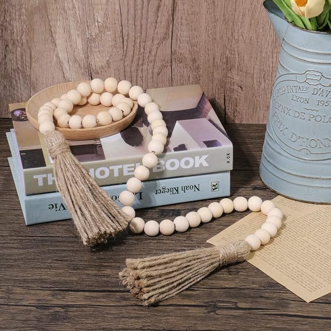 Sivya 58in Farmhouse Beads Wood Bead Garland with Tassels (Natural Wood, 58in/1Pcs)