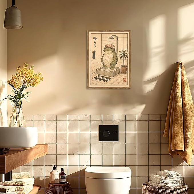 Funny Japanese Frog Bathroom Wall Art Whimsical Frog Shower Wall Decor 16x24 inch Wood Framed, Eclectic Japan Animal Bathroom Poster Painting Canvas Prints Aesthetics