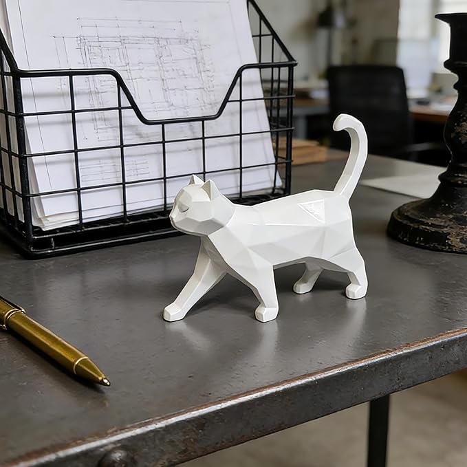 Cynkeyee Geometric Knick Knacks Cat Statue - Modern Resin Sculpture for Home Decor Minimalist Bookshelf Desk Figurine Small White Trinkets for Shelf Decor Office Decoration Accent 6x5x1.6 Inches