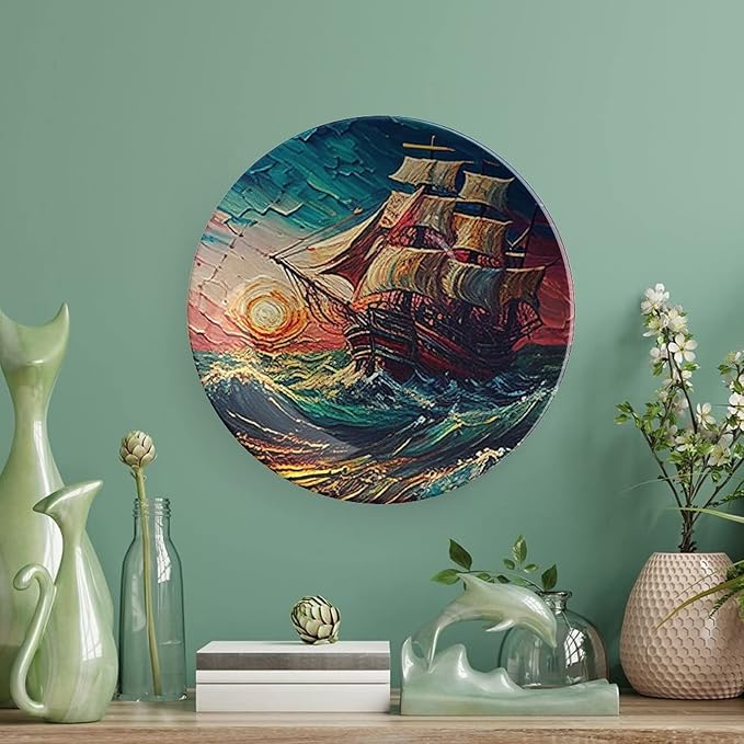 Decorative Plates, Ocean Sailing Ship at Sunset Painting Display Plate for Home Office Kitchen Table Decor Porcelain Plates 6 Inch, Birthday Gifts