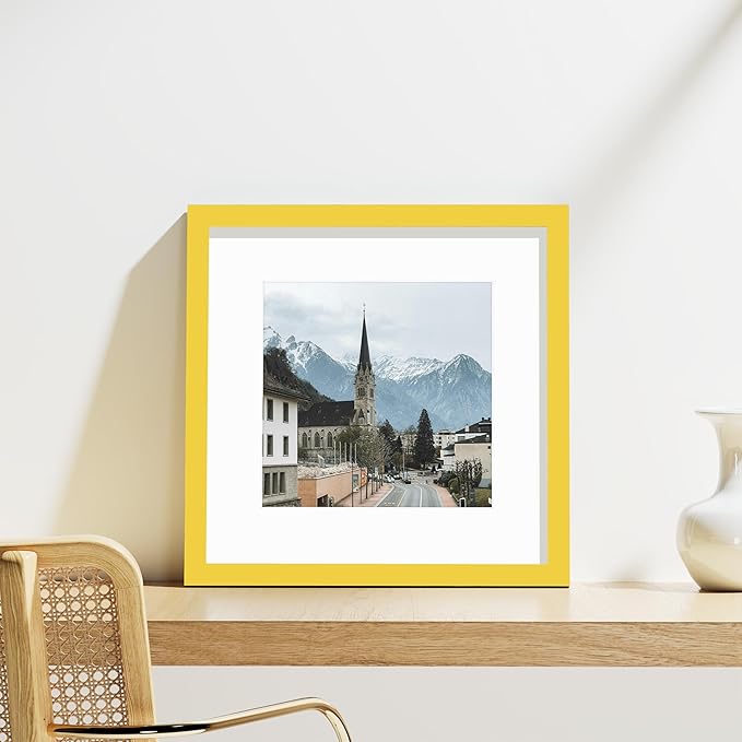 Vittanly 12x12 Picture Frames Set of 9, Shatter Resistant Plexiglass, Display 8x8 Pictures with Mat or 12x12 without Mat, Photo Frames for Wall Mount, Engineered Wood, Yellow