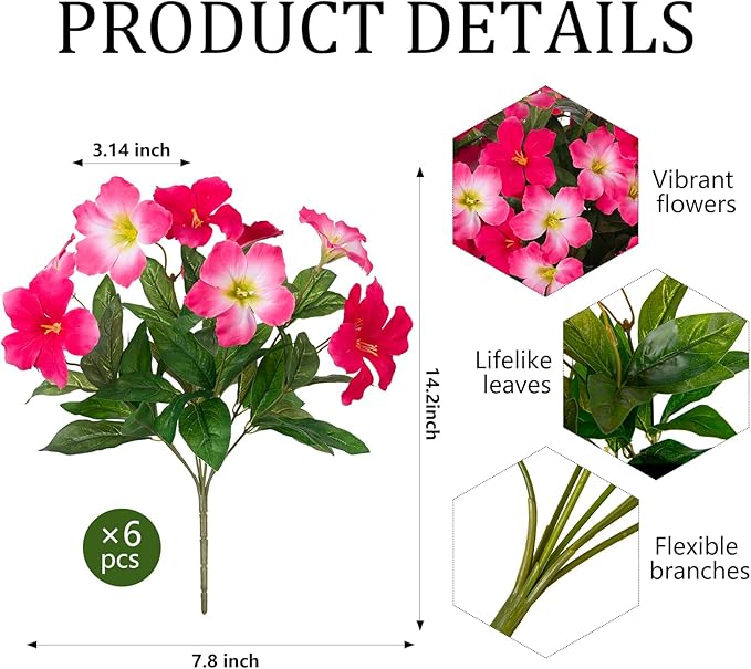 Fake Artificial Flowers for Outdoors 6 PCS Azalea Bouquet Silk Flowers for Outside UV Resistant Faux Flowers Plants for Outdoor Planters Realistic Spring Home Front Door Patio Garden Porch Decor