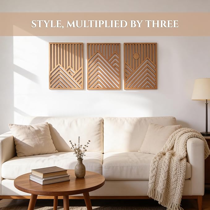 qmmp Modern Wooden Wall Sculptures - Set of 3 - Home Decor Accent - Large Wall Art for Living Room, Bedroom, Office - Easy Installation (Oak, XLarge - Mountain and Sun)