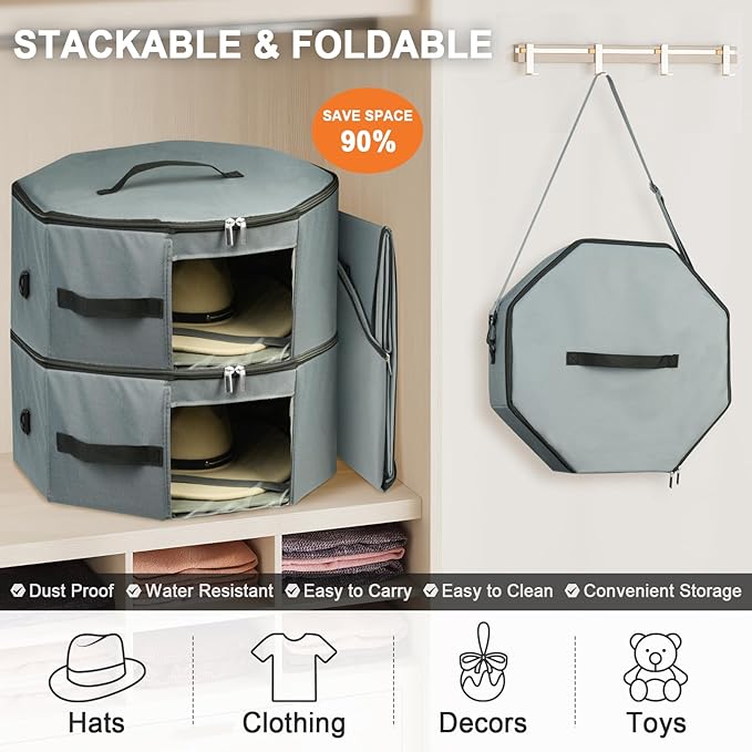 Hat Box for Travel & Home Closet Storage, Side Reinforced Octagonal Case, Crush-proof, Dust-proof for Cowboy, Panama & Fedora Hats, Grey