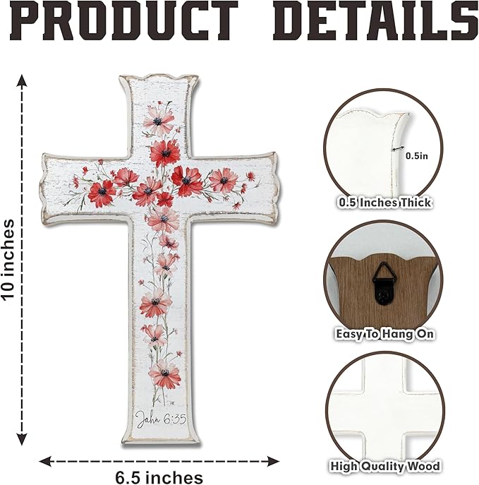 VZVCTFS White Cross with Red Wildflowers - John 6:35 Scripture Wooden Wall Decor, Rustic Farmhouse Christian Gift, Inspirational Floral Art for Home, Easter Christmas (6.5x10 Inch)（A08）