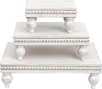Swallowliving 3 Pcs Set Farmhouse Wood Risers for Display Decorative, Rustic Shabby Chic Tiered Tray for Kitchen Counter, Coffee Bar Table, Dining Room, Wooden Rectangle Beaded Pedestal Stand for Food, White