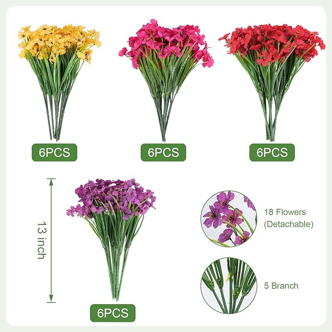 24 Bundles Artificial Flowers for Outdoor Faux Plants for Spring Summer Decoration, UV Resistant Realistic Silk Plastic Fake Flowers Garden Porch Patio Balcony Yard Front Home Decor