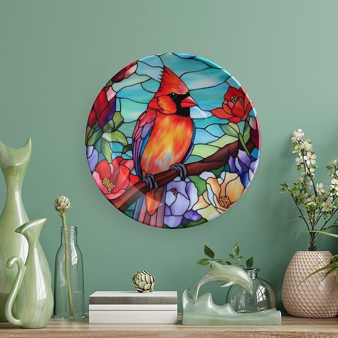 Winter Bird Stained Glass Design Decorative Plates Home Decor Ceramic Plates, Dinner Plates Display for Living Room, Kitchen, Hallway Console Side Table, Presents for Loss of Loved, 6 Inch