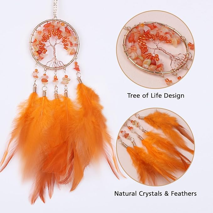 Pretty Jolly Small Tree of Life Crystal Stone Dream Catchers Orange Feathers Mini Dreamcatchers for Cars Rear View Mirror Hanging Decoration Good Luck Travel Charm Bedroom Ornaments for Women Girls