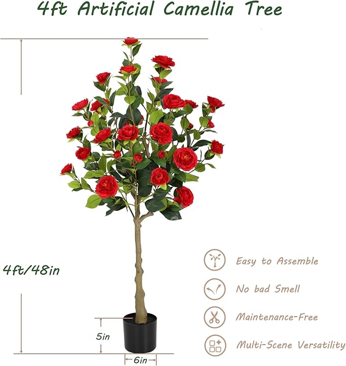 Bellacat 4ft Artificial Camellia Tree with Silk Red Flowers, 48in Faux Camellia Plant with Lifelike Trunk, Fake Flower Tree Potted Front Door Plants for Porch Patio Deck Living Room Decor, 2Pack