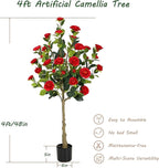 Bellacat 4ft Artificial Camellia Tree with Silk Red Flowers, 48in Faux Camellia Plant with Lifelike Trunk, Fake Flower Tree Potted Front Door Plants for Porch Patio Deck Living Room Decor, 2Pack