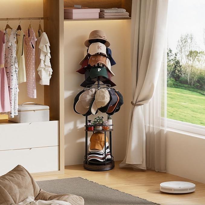 Keebofly 360° Rotating 5-Tier Hat Rack Stand - Large Capacity Freestanding Hat Storage, Hat Organizer for Baseball Caps with Metal & Wood Shelves, Holds 150+ Hats, Ideal for Vendor Booth & Home
