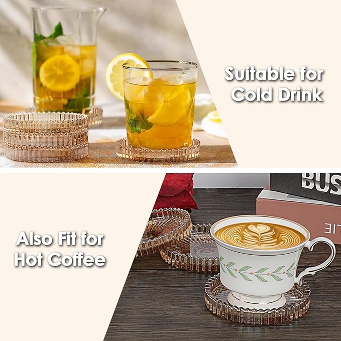 Modern Clear Coasters Set of 5- Glass Cute Coasters for Drinks Crystal Coaster Round Chic Cup Mat Cute Coffee Table Coaster for Kitchen, Bar, Dining Room, Living Room, Patio(Amber)