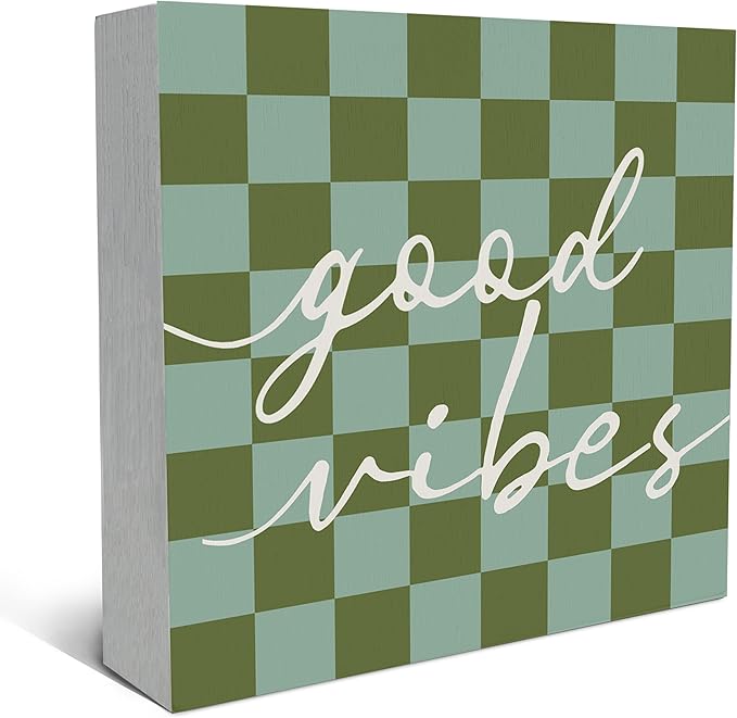 SRADMO Inspirational Wood Box Sign Desk Decor, Motivational Office Decor, Blue and Green Checkered Positive Theme Wooden Block Box Sign Decoration for Home Office Shelf Table Decorative Accessories